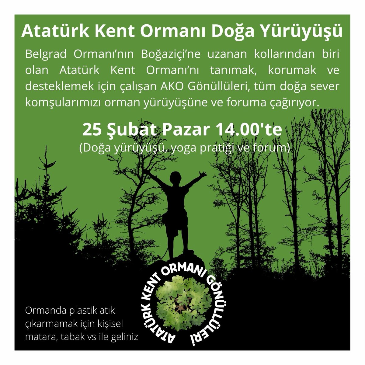 AKO Gönüllüleri, uzun yıllardır Kuzey Ormanları'nın savunduğumuz mevkilerinden biri olan Atatürk Kent Ormanı'nda doğa yürüyüşüne çağırıyor. Haydi nefes almaya, bahara hazırlanmaya💚🐝