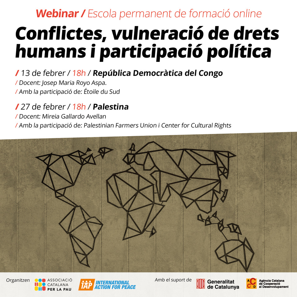 🇵🇸💻 Dimarts vinent organitzem un webinar sobre #Palestina en el marc del curs 'Conflictes, vulneració de drets humans i participació política'!

🗣️ A les 18h amb Mireia Gallardo i la participació de <a href="/PalFarmersUnion/">PFU</a> i Center for Cultural Rights.