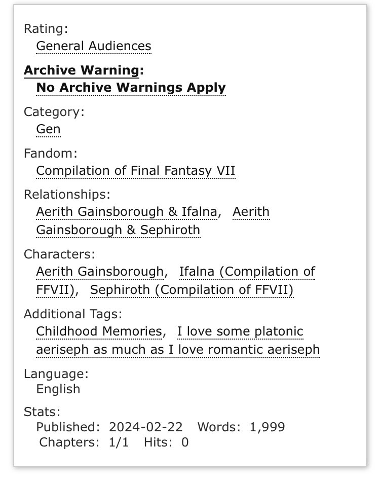 Here’s my written piece for <a href="/aerisephzine/">🌸Aeriseph Zine☄️: COMPLETED</a>
A sweet collaboration with the awesome <a href="/kay_i_art/">Kay-I</a> 💕 (comic link in comments)

#FF7R  #Sephiroth #Aerith #セフィエア

archiveofourown.org/works/53986909