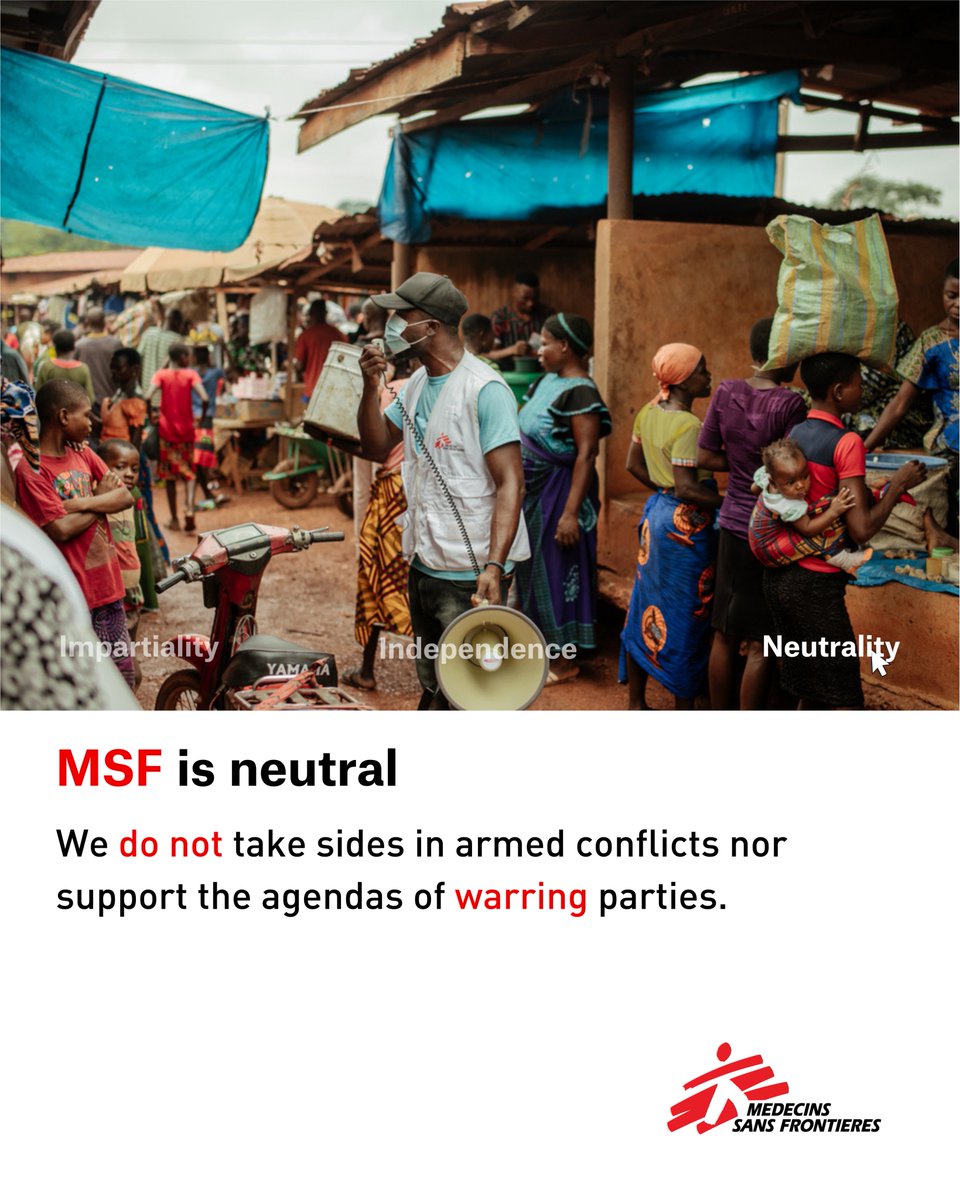 We work to provide much needed care to victims of armed conflicts in many war zones across the world.

Sometimes we are not present on all sides to the conflict due to access, insecurity, or because the main needs of the population are already covered.

🌐 msf.org/who-we-are