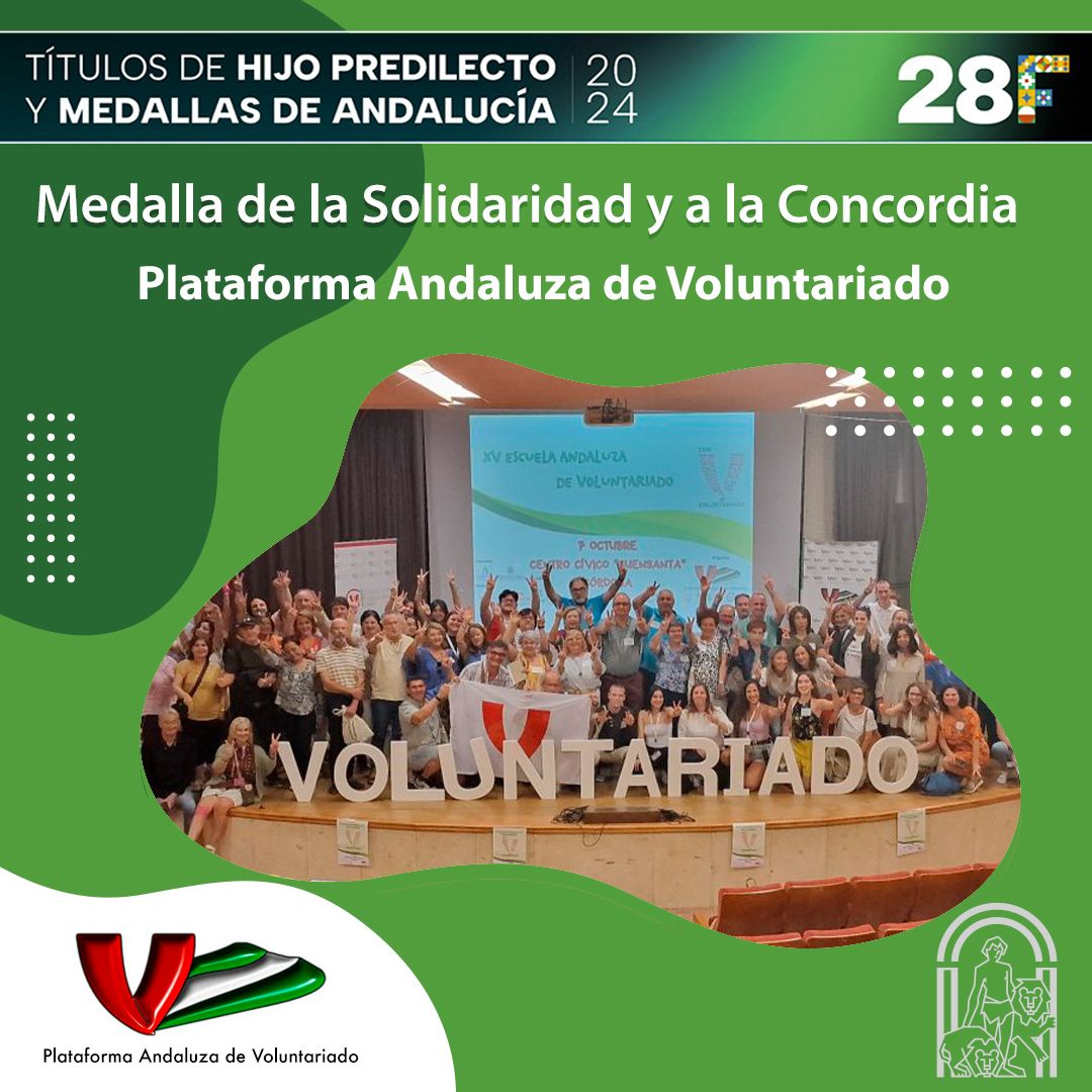 Emocionados por el recibimiento de la medalla de Andalucía de la solidaridad y la concordia. Felicidades a las entidades, a sus juntas directivas, personal técnico y sobre todo a las personas voluntarias, razón de ser de nuestro trabajo #Hacemosvoluntariado #voluntariadoandaluz
