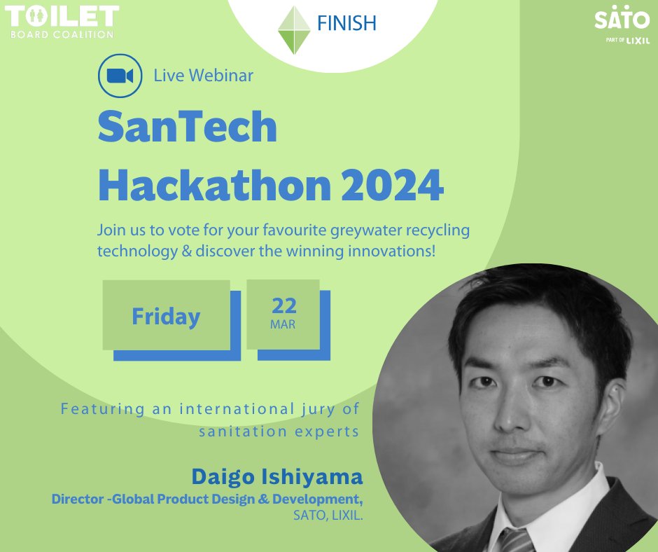 Meet Daigo Ishiyama, our next distinguished jury member for the 4th Sanitation Technology Hackathon! Daigo leads Global Product Design and Development at LIXIL's @BetterWithSATO business unit. Apply now: finishmondial.org/calling-all-in… 💡 #SanTechHackathon