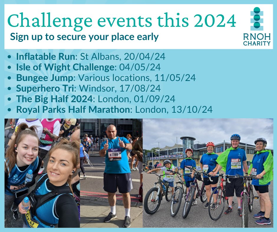 We need your support! Join Team RNOH this year and help us raise vital funds for the life-changing work of the @RNOHnhs . To secure your place contact us rnoh.charity@nhs.net / 020 8909 5362