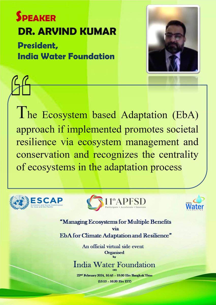 IndiaWaterFoun1's tweet photo. #EcosystemBasedAdaptation #EbA #Cobnservation #Ecosystem #Adaptation #APFSD @drarvindkumar1 @UNESCAP @jica_direct_en @CGIAR @IUCN @icimod @FAO @moesgoi @TNCAsiaPacific @sshwetatyagi https://t.co/MVOFWvuX4Q