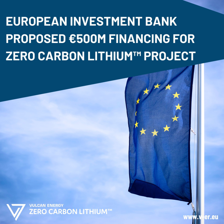 🚀 I am pleased to announce that the <a href="/EIB/">European Investment Bank</a>  has proposed €500M financing for our Zero Carbon Lithium™ Project, subject to full appraisal. The EIB is the lending arm of the European Union and one of the largest climate finance providers <a href="/VulcanEnergyRes/">Vulcan Energy</a>