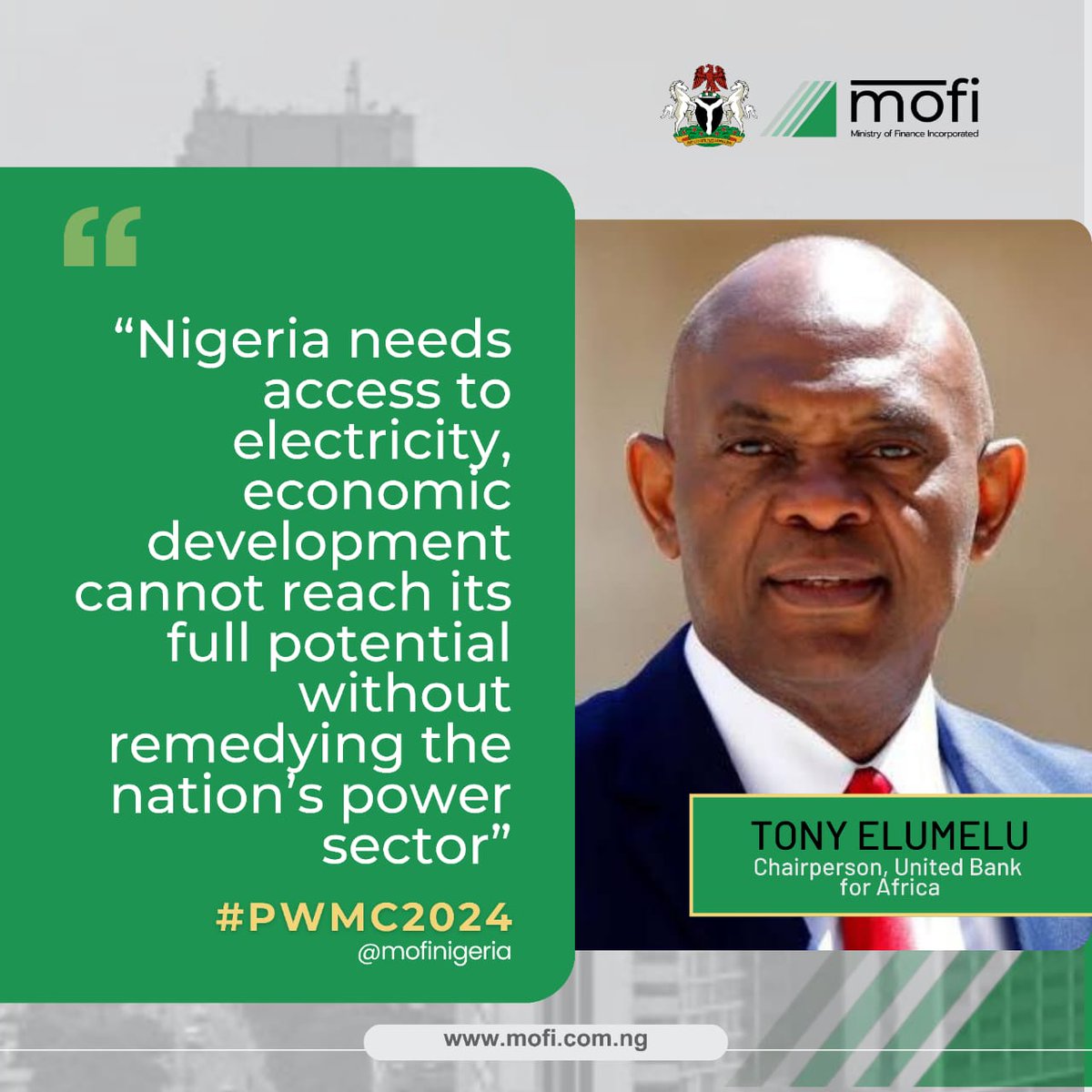 mofinigeria's tweet image. Highlights from key Speakers at PWMC2024.
"Nigeria needs to access electricity, economic development cannot reach its full potential without remedying the nation's power sector" - Tony Elumelu @TonyOElumelu Chairman, Heirs Holdings. #PWMC2024 #electricityaccess #MOFI