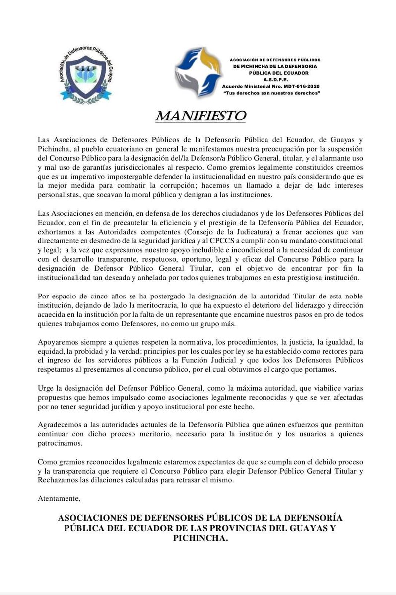 aso_pec's tweet photo. @AsoJuecesEc @AsambleaEcuador @DanielNoboaOk @Presidencia_Ec @CJudicaturaEc @CorteNacional @CorteIDH https://t.co/mOGohsYYNo