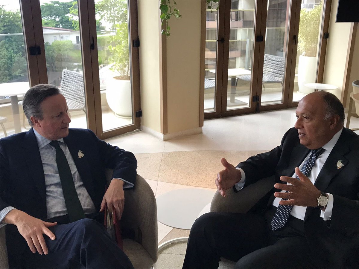 On the sidelines of #G20Brazil ..FM Sameh Shoukry meets with H.E.@David_Cameron , 🇬🇧Secretary of State for Foreign, Commonwealth and Development Affairs..FMs discussed security & humanitarian developments in #Gaza. @FCDOGovUK