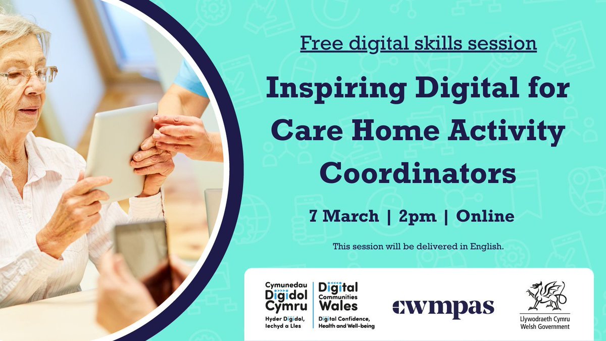 🔮 Thursday 7 March | 2pm
 
Inspiring Digital for Care Home Activity Coordinators (ENG)
 
🧓 Digital perks for care home residents
🧓 For anyone working with older people
🧓 Music, reminiscence, games, Welsh + more
 
🎟️: buff.ly/3uHlLwO