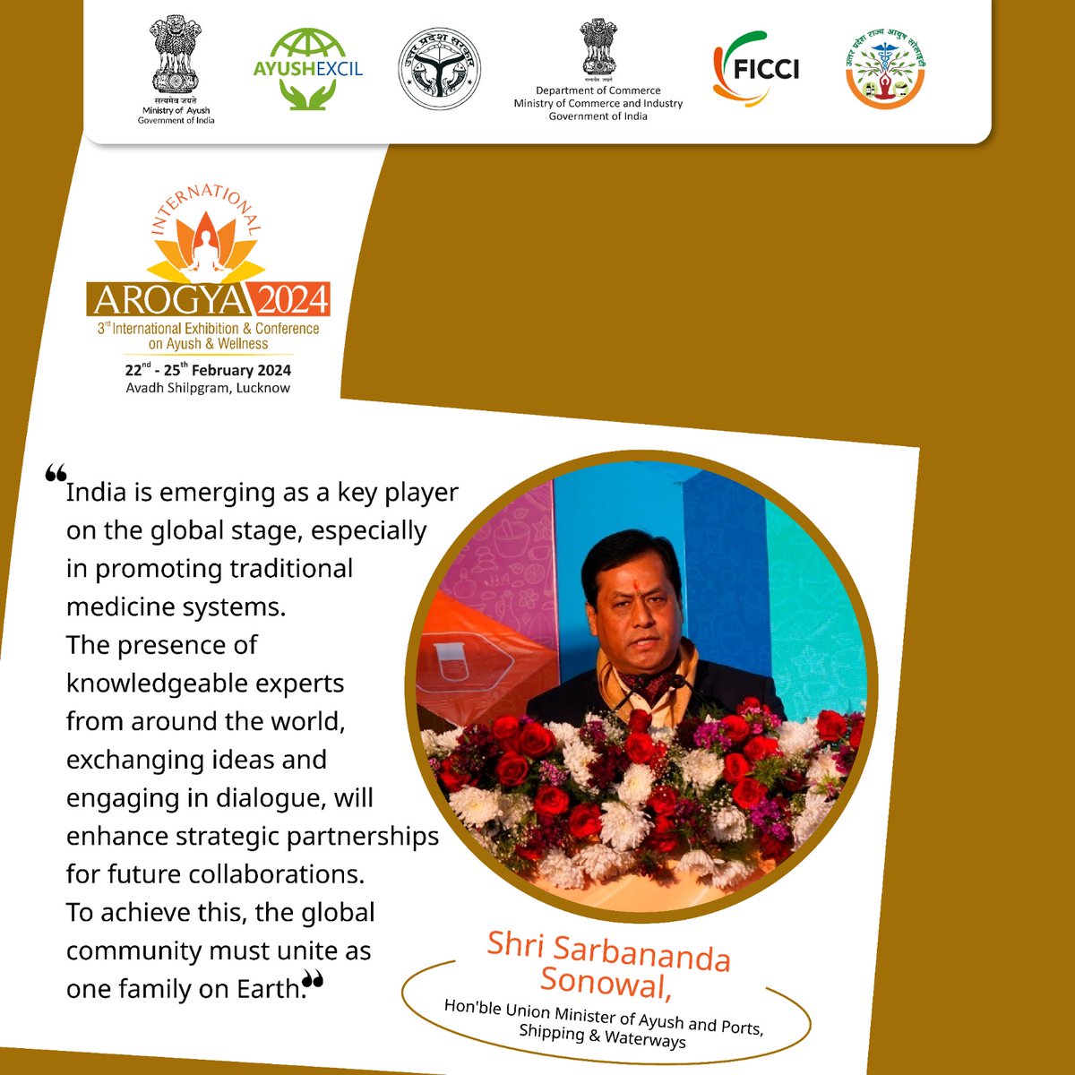 Speaking at #InternationalArogya2024, Shri Sarbananda Sonowal, Hon’ble Union Minister of Ayush and Ports, Shipping & Waterways, emphasized integrating diverse healthcare systems in the face of global health challenges. 
#InternationalArogya2024 #GlobalWellness #Arogya2024