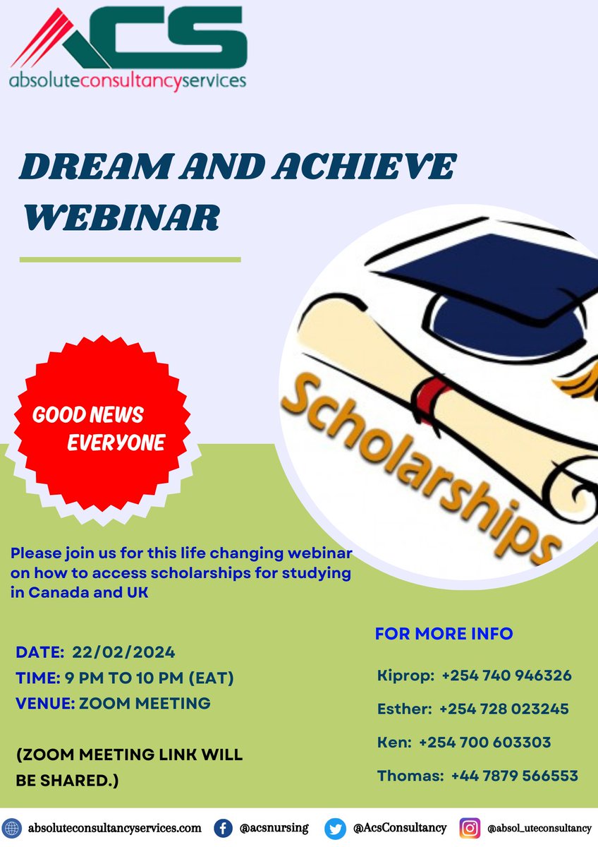 AcsConsultancy's tweet photo. https://t.co/lIHbiTIhII

Meeting ID:  812 1720 4412 
Passcode:   394382

Dream and Achieve Webinar
Today (22/02/2024) 
At 9:00 pm (KENYAN TIME), 6:00 pm (UK TIME)

All are invited. 
Use the above link to join the Zoom Meeting. https://t.co/avGrNLjxAp