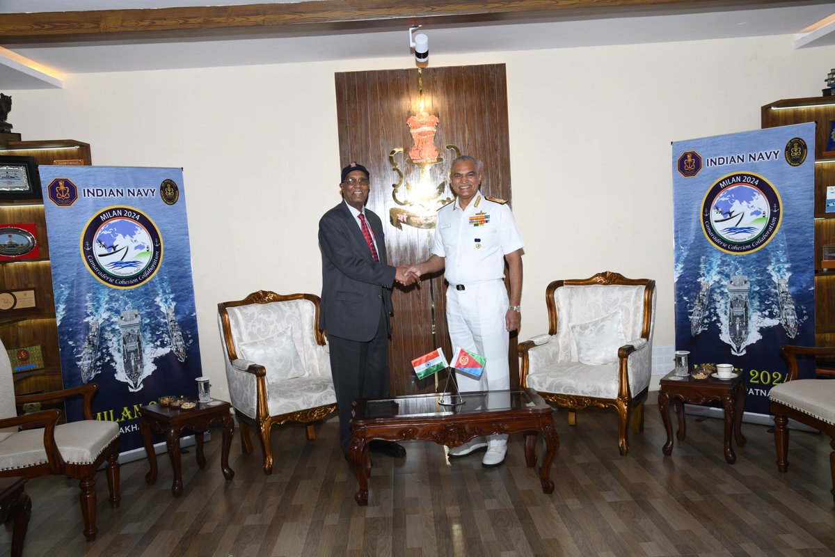 On the sidelines of #MILAN2024, Adm R Hari Kumar #CNS, interacted with H.E. Mr. Alem Tsehaye Woldemariam, Ambassador of #Eritrea to India. Discussions held to enhance #maritime cooperation between the two countries. 🇮🇳-🇪🇷 #BridgesofFriendship @IndiaEritrea @IN_HQENC
