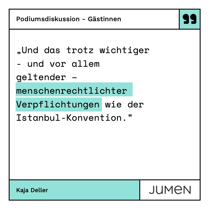 #Femizide strategisch verhindern - Möglichkeiten vor nationalen und internationalen Gerichten

Aus unserem Team wird Kaja Deller bei der #Podiumsdiskussion am 5.3.24 teilnehmen und ihre Expertise und die Perspektive von JUMEN e.V. mitbringen. 

Anmeldung: eveeno.com/121321608