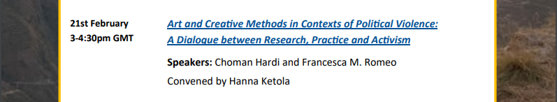 Another outstanding seminar with Dr. @chomahardi and Dr. Francesca Romeo! The seminar explored forms and locations of political violence as well as reimagining possibilities for resistance, highlighting the role of art and creative methods in building solidarity across contexts.