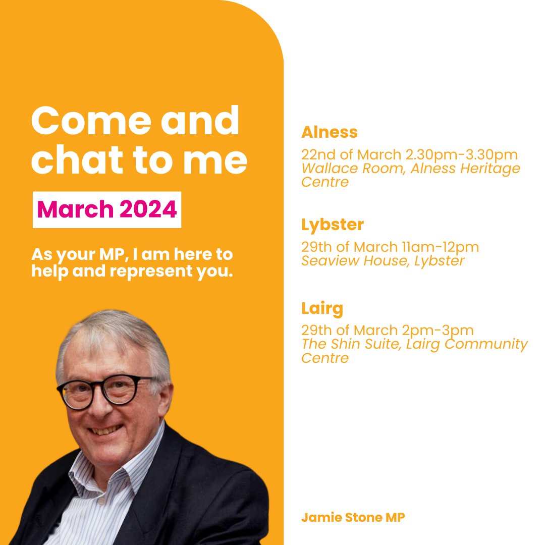 I have upcoming surgeries! Please come along to chat with me and my team about any concerns you have. If you cannot make it but would like to get in touch, please email me at jamie.stone.mp@parliament.uk or call the Tain office on 01862 892726 or the Wick office on 07721 333946.