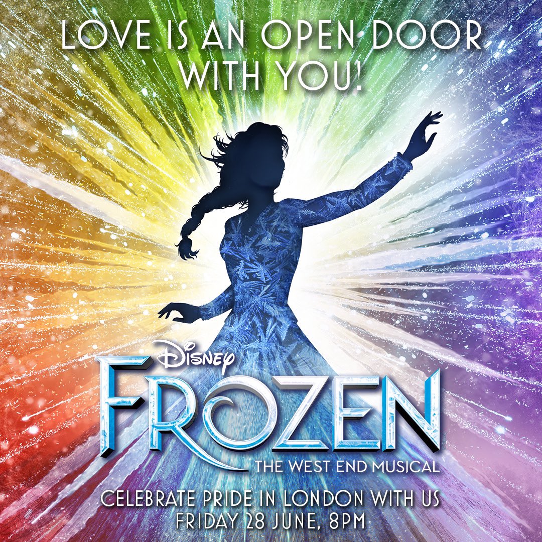 Join us for a magical celebration of Pride in London on June 28th at 8pm! Wear your Elsa blues, embrace the magic, and 'Let It Go' with celebratory surprises throughout the night. 🌈❄️  #FrozenLondon #PrideInLondon ✨ Tickets available at frozenthemusical.co.uk/pride