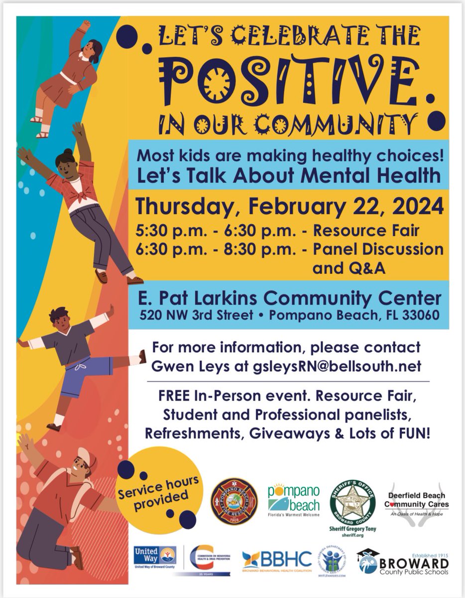 Join us tonight at the Celebrate the Positive event in Pompano Beach. Most of our youth are making good choices. Come and learn how to continue to support our youth @browardschools @UWBC_Commission @mypompanobeach #leadingthechange
