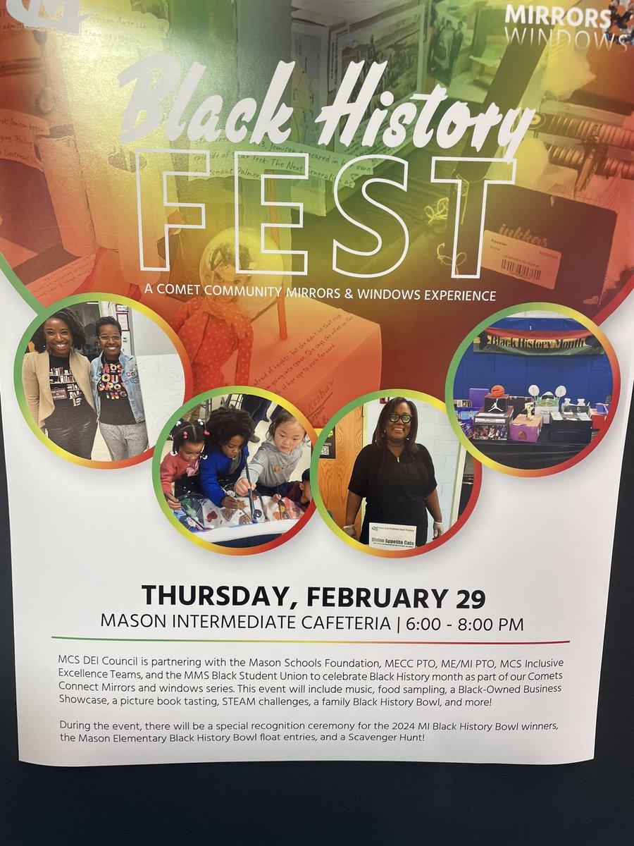 Don’t forget!! A week from today, on 2/29, the <a href="/MasonSchools/">Mason City Schools</a> Black History Fest will be here at Mason Intermediate from 6-8pm. Be there!! #BlackHistoryMonth #BHM