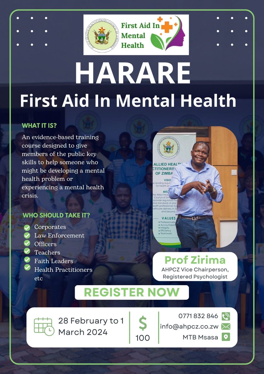 Registration is still on going for this training. Learn more about #selfcare #Referral #commonmentalhealthdisorders #culture #mentalhealthintheworkplace #spirituality #myths @ZirimaHerbert 
Call/App 0771 832 846 to register