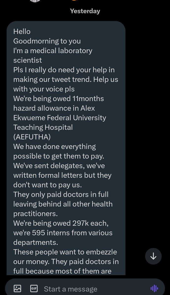 TonyeBarcanista's tweet photo. Pure wickedness
On January 22, I posted about the fate of Health Professional interns at UNN Teaching Hospital who were denied of their 10-month Hazard Allowance by the Hospital management even after the money has been released. I was informed that the UNN Teaching Hospital Management recently started the payment process - in fact, they have paid Nurses and Med Lab interns, others are expected to be settled in couple of days.
The management of Alex Ekweme University Teaching Hospital has refused to pay 595 Health workers, consisting of Pharmacists, Laboratory Scientists, Nurses etc, that interned with them their entitled 11 month Hazard Allowances. They simply paid Medical Doctors (interns) and ignored the rest - just like what UNN Teaching Hospital did.
The Chief Medical Director, Prof. Robinson Onoh, admitted that the money was released to the health institution by the Federal Government "but his predecessor did not act on it". What stops his management team from doing the needful? Perhaps, there exist a racketeering amongst these CMDs?
The money in question is N297,000 per intern. That means they are deliberately sitting on N176,715,000.
Is the Federal Ministry of Health @Fmohnigeria part of this conspiracy? It's high time the EFCC @officialEFCC, ICPC @icpcnigeria and the Special Fraud Unit of the Nigeria Police @PoliceNG start doing their jobs. We can't be losing our bright Health workers to Japa, yet deny those that are here their entitlements.
Tonye Barcanista