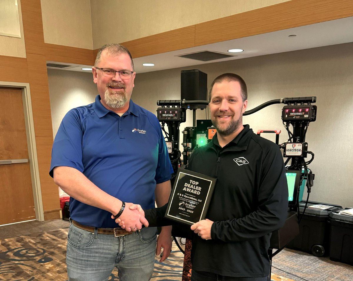 SurePointAg's tweet photo. ๐ซก๐๐ป Hats off to C&B Operations as they are one of our #TopDealerAward recipients for their model year 2024 sales! Pictured is Nate Jensen with C&B Operations, along with #SurePointAg Territory Manager, Justin Jones. #SurePointAg #ApplicationSystems #TopDealerAward https://t.co/fgz2Icf4J1