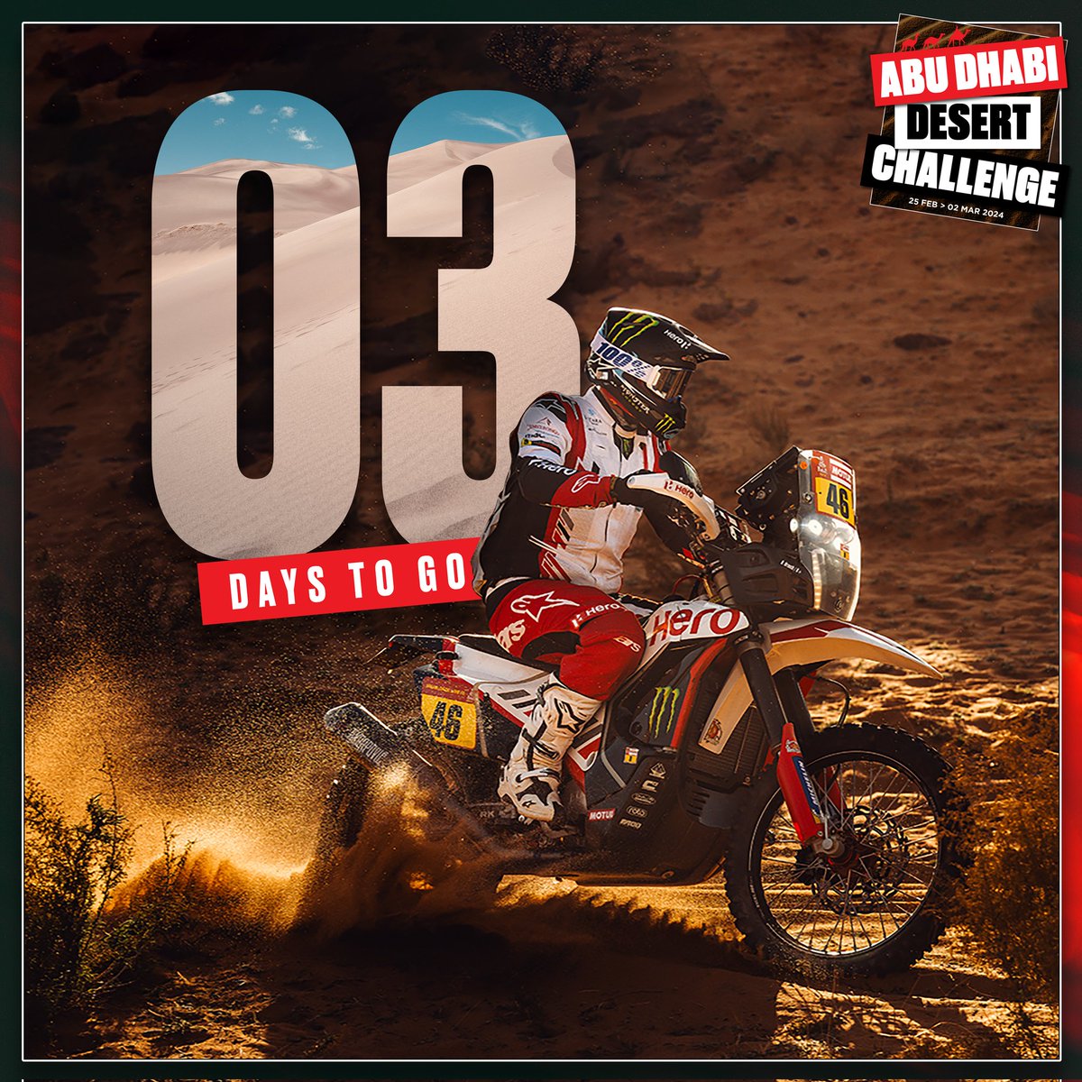 Hero MotoSports (@hero_motosports) on Twitter photo Countdown alert! β° Just 3 days left until the adrenaline-fueled action of the Abu Dhabi Desert Challenge kicks off! π
Stay tuned for all the fiery updates! π₯
#RaceTheLimits #AbuDhabiDesertChallenge
#ADDC2024 #DominateTheDunes
<a href="/OfficialW2RC/">World Rally-Raid Championship π π</a> <a href="/HeroMotoCorp/">Hero MotoCorp</a>
<a href="/MonsterEnergy/">Monster Energy</a> Countdown alert! β° Just 3 days left until the adrenaline-fueled action of the Abu Dhabi Desert Challenge kicks off! π
Stay tuned for all the fiery updates! π₯
#RaceTheLimits #AbuDhabiDesertChallenge
#ADDC2024 #DominateTheDunes
<a href="/OfficialW2RC/">World Rally-Raid Championship π π</a> <a href="/HeroMotoCorp/">Hero MotoCorp</a>
<a href="/MonsterEnergy/">Monster Energy</a>