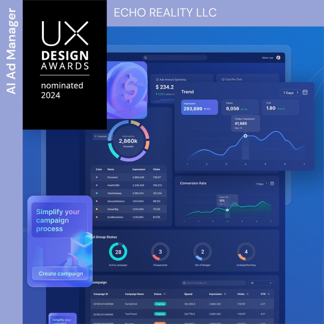 uxdawards's tweet image. &quot;AI Ad Manager“ developed by ECHO REALITY LLC  is nominated for the #UXDA24! Congratulations 👏

The project is running for the Public Choice Award – cast your vote 👉bit.ly/490B8Py

#uxdesign #uxdesignawards #UXDA24 #uxawards #uxcompetition #userexperiencedesign #ux