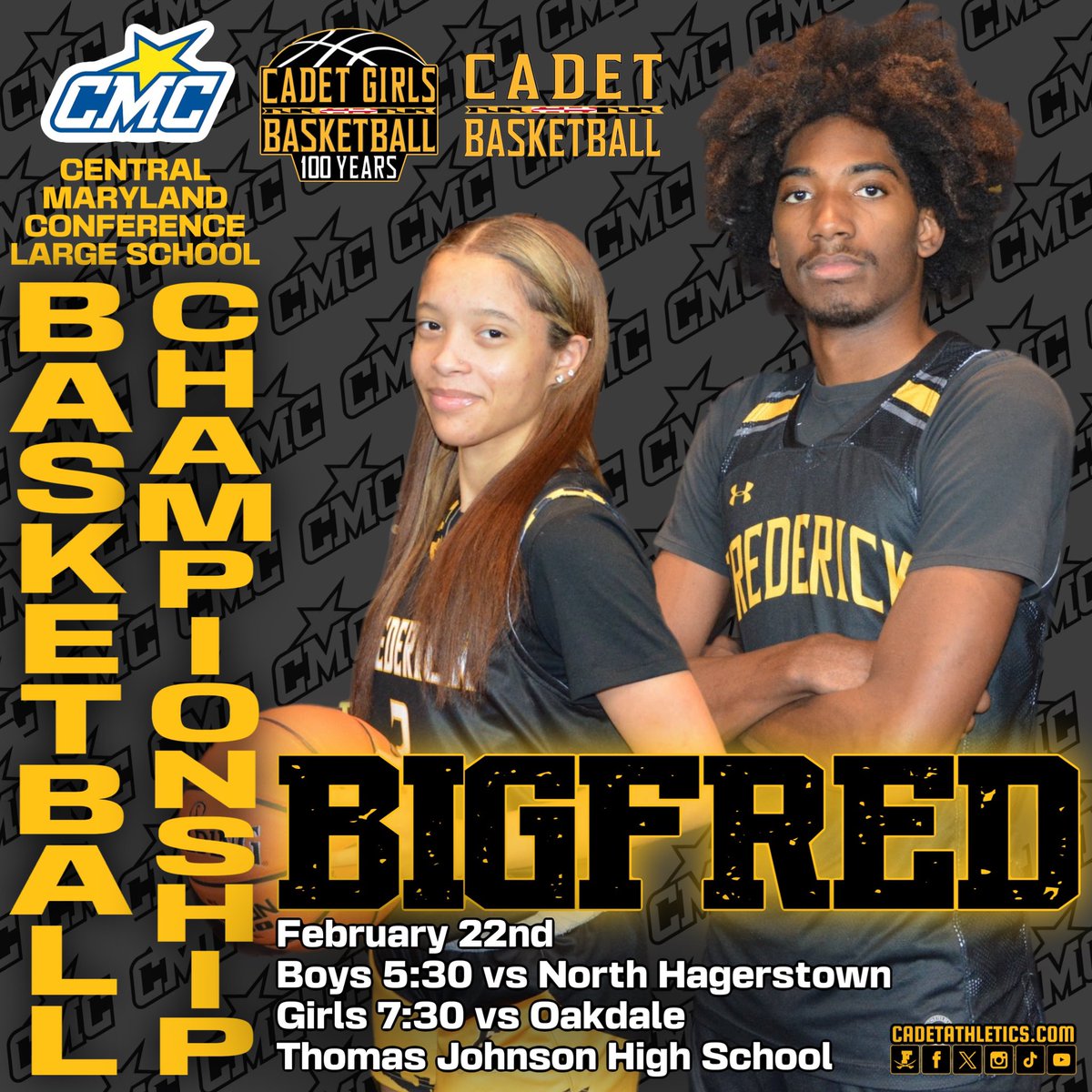CadetAthletics's tweet photo. https://t.co/QVLTuoYxvT GAMEDAY

🏆: CMC Basketball Championships
🕕: 5:30pm Boys vs North
🕕: 7:30pm Girls vs Oakdale
📍: Thomas Johnson High
🎟: $6 cash at the door only
📺: https://t.co/0nqj9y0kUx

⚔️ | #BigFred |⬛️🟨 | #ProtectTheParkway https://t.co/LkI0zShO2b
