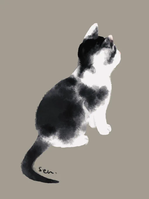 いまやとても大きくなったちびたんが、本当にちびたかったときの絵 #猫の日車のボンネットの中から子猫が出てきたのであのときはほんとにびっくりしました!みんな気をつけようね 