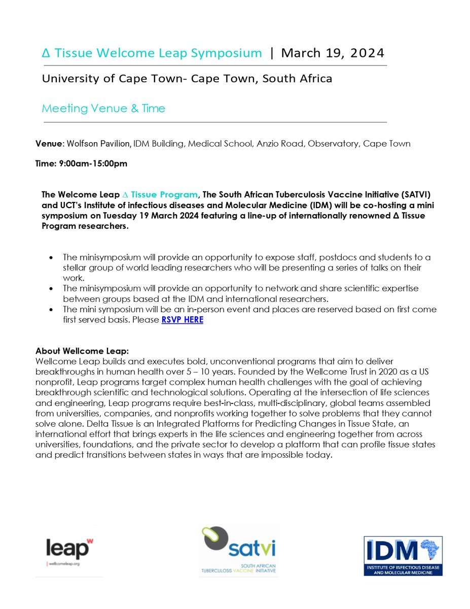 UCT IDM (@uctidm) on Twitter photo Event Invite: Join us as we collaborate in hosting a minisymposium alongside <a href="/WellcomeLeap/">Wellcome Leap</a> & <a href="/satvi_uct/">South African Tuberculosis Vaccine Initiative</a>, featuring a line-up of internationally researchers. Click to RSVP: shorturl.at/ikmt0
When: 19 March 2024, 09h00
Where: Wolfson Pavilion, IDM Building (in-person) Event Invite: Join us as we collaborate in hosting a minisymposium alongside <a href="/WellcomeLeap/">Wellcome Leap</a> & <a href="/satvi_uct/">South African Tuberculosis Vaccine Initiative</a>, featuring a line-up of internationally researchers. Click to RSVP: shorturl.at/ikmt0
When: 19 March 2024, 09h00
Where: Wolfson Pavilion, IDM Building (in-person)