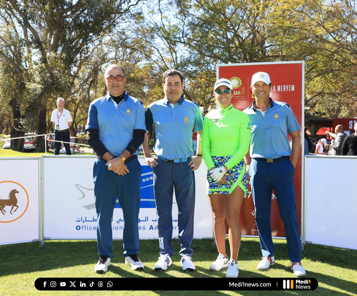 Medi1News's tweet photo. SAR le #PrinceMoulayRachid a participé, mercredi, au #ProAm #CoupeLallaMeryem accompagné de son équipe composée de #KarimGuessous, #OmarLahjomri et la championne mexicaine #MariaFassi sur le parcours Bleu du #RoyalGolfDarEsSalam
#TrophéeHassanII #CoupeLallaMeryem https://t.co/xvjGiV67Rr