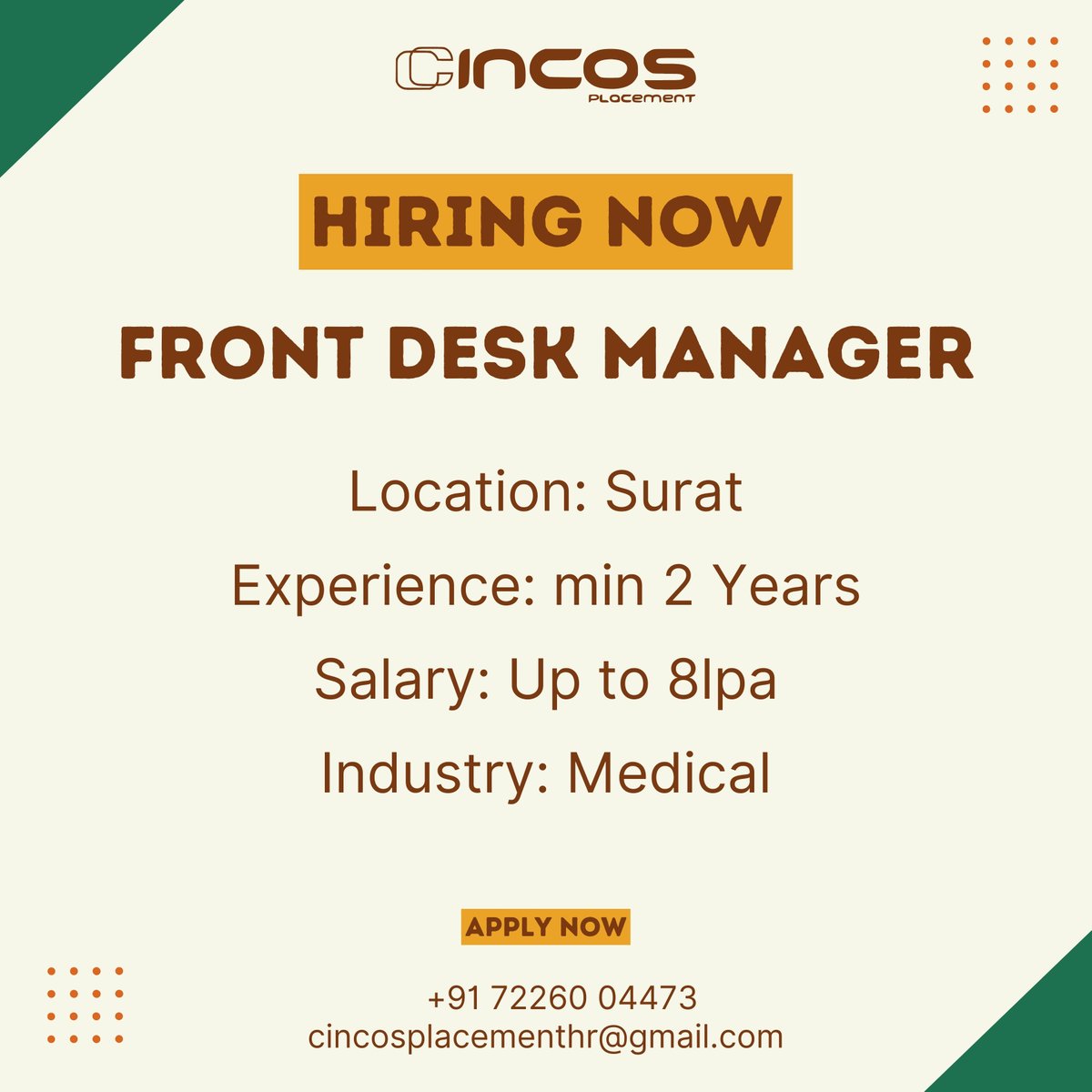 cincosplacement's tweet image. Exciting opportunity for Front Desk Managers! Join us via the top job consultant in Surat. 

Contact Us
Phone : +91 7226004473

#FrontDeskManager #SuratJobs #Hospitality #ProfessionalDevelopment #BestStaffingServicesCompanyInSurat #BestStaffingManagementConsultantInSurat