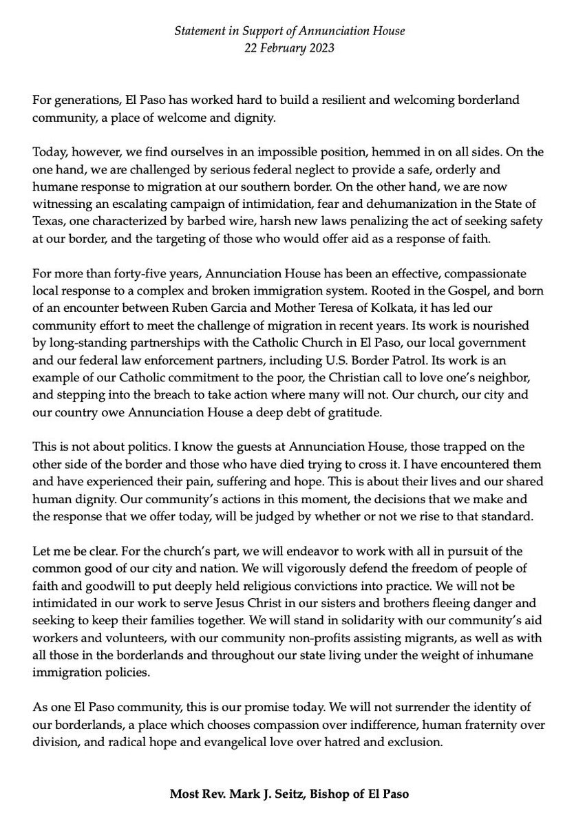 DylanCorbett23's tweet photo. Hard hitting defense of @AHouseElPaso, migrants, religious freedom and El Paso non-profits from @BishopSeitz in response to vicious attack from TX Attorney General: ‘Witnessing an escalating campaign of dehumanization in Texas. We will not be intimidated.’ https://t.co/YGtC4D1e5d