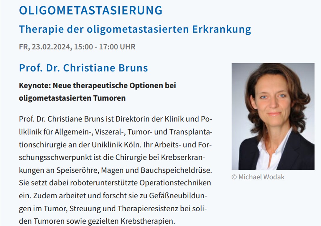 Krebskongress #dkk2024: Auch #DCK2024-Präsidentin Prof. Christiane Bruns ist in Berlin vertreten, u.a. mit ihrer Keynote-Lecture am 23.2.2024, 15 Uhr, zum Thema 'Neue therapeutische Optionen bei oligometastasierten Tumoren'. deutscher-krebskongress.de
