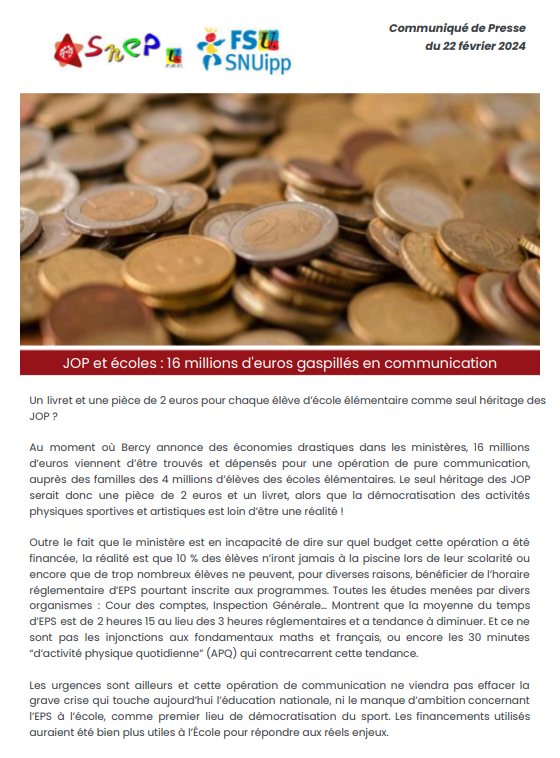 FSU_SNUipp's tweet photo. Communiqué commun @snepfsu et @fsu_snuipp 
"JOP et écoles : 16 millions d'euros gaspillés en communication" 💸💸💸 😤😡 https://t.co/Fb4YxC22eq