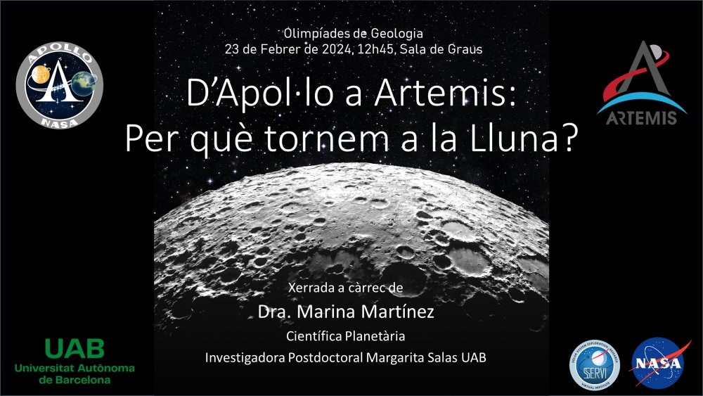 📢Xerrada divulgativa | “D'Apol·lo a Artemis: per què tornem a la Lluna?”

👩‍🦰A càrrec de la Dra. Marina Martínez, científica planetària
📅Divendres 23 de febrer, 12:45h
📍Sala de Graus <a href="/UABciencies/">Facultat de Ciències UAB</a> i <a href="/uabbiociencies/">Facultat de Biociències UAB</a> 
🟢Entrada lliure

#DonesiCiència #11FebrerUAB #11F2024