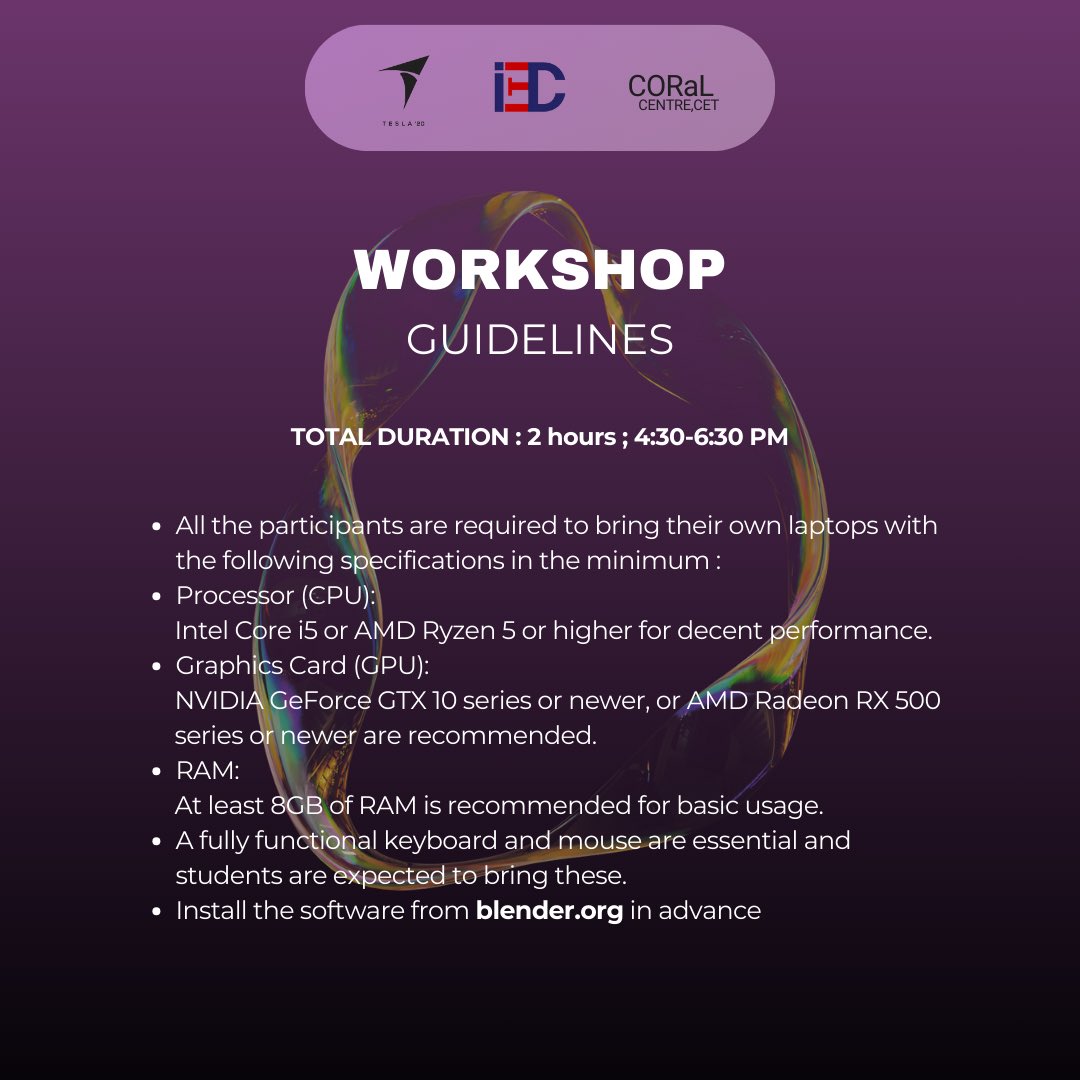 iedccet's tweet image. Get ready for an immersive two-day Blender workshop, brought to you by IEDC CET and CORal CET in collaboration with the Tesla team for Tesla 2024!

📅 Date: 28th and 29th February 2024
🕟 Time: 4:30 PM to 6:30 PM

Register now using the link below: forms.gle/jASyb4Aa97JQxc…