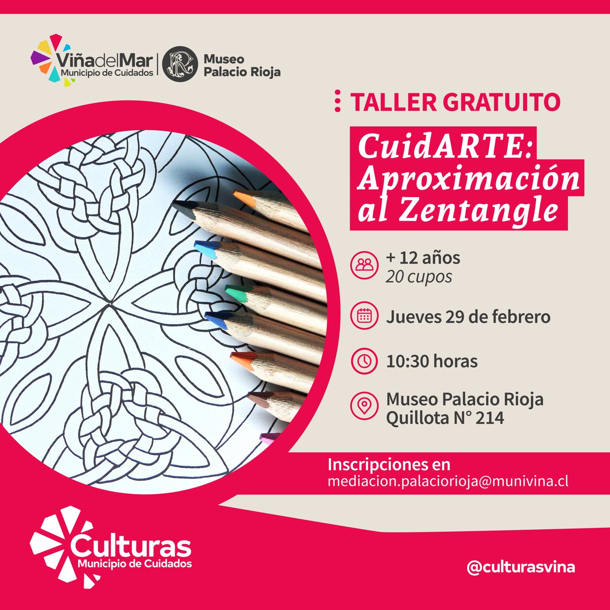 ¡Trabajando juntas y juntos para reconstruir y reactivar Viña del Mar!
Esta actividad del Programa de Vinculación con el Medio del museo busca desarrollar texturas decorativas a partir de dibujos con tramas repetitivas como técnica para enfrentar el estrés la ansiedad y depresión
