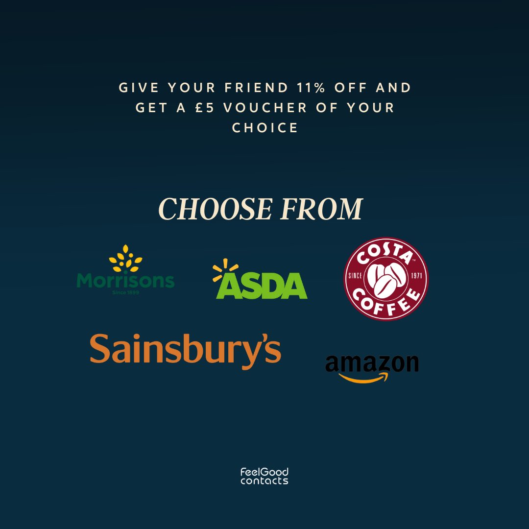 FeelGoodContact's tweet image. Whether it’s a quick trip to your favourite supermarket, free coffee or an Amazon delivery, we’ve got you covered with a £5 voucher of your choice when you #ReferAFriend and give them 11% off. 

It’s a win-win 👊😎

#FeelGoodContacts #FeelGoodCollection #ReferAFriend #FreeCoffee