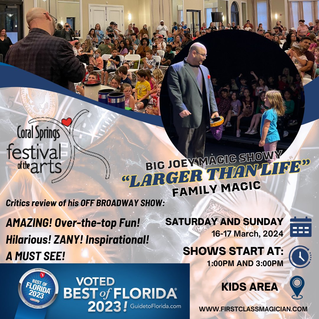 csfoa1's tweet photo. Hey magic fans! 🎩The Coral Springs Festival of the Arts' Children's Area is doubling the fun with two showtimes of the amazing Big Joey Magic Showy!🤩 Get ready for a magical experience you won't want to miss!🔮

#art #festival #coralspringsartfestival #entertainment  #kidsarea https://t.co/GynQ3adS2q