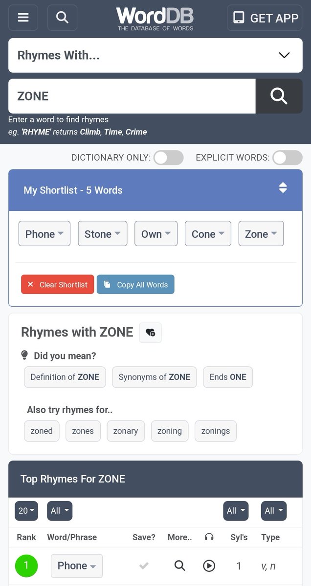 WordDB_com's tweet image. New shortlist feature, keep track of potential rhymes/words! 🥳