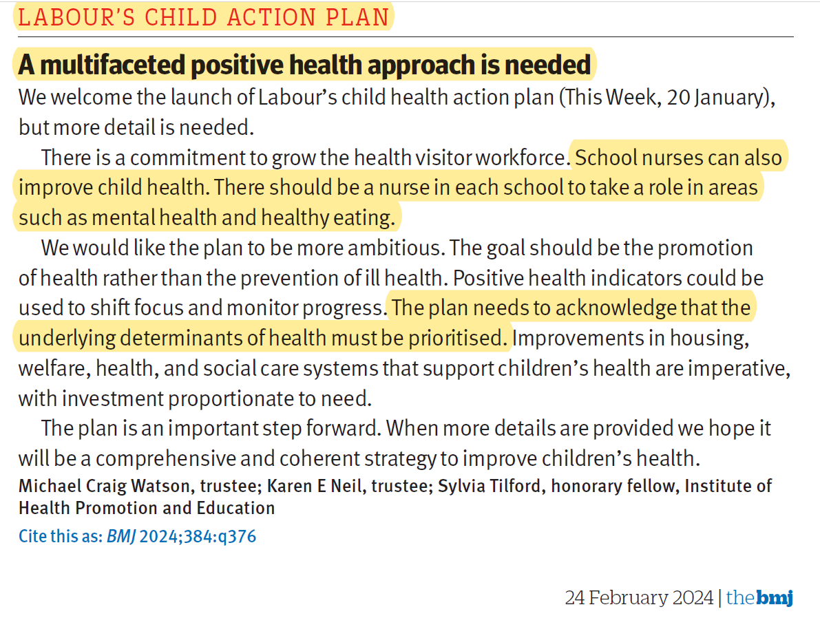 There should be a nurse in each school so that they can take a role in crucial areas such as mental health and healthy eating.

bmj.com/content/384/bm…
<a href="/wesstreeting/">Wes Streeting</a>
<a href="/munirawilson/">Munira Wilson 🇺🇦</a>
<a href="/VictoriaAtkins/">Victoria Atkins</a>
<a href="/PreetKGillMP/">Preet Kaur Gill MP</a>
<a href="/kimleadbeater/">Kim Leadbeater MBE MP</a> 
@SAPHNAsharonOBE 
<a href="/FPH/">Faculty of Public Health</a> 
<a href="/ADPHUK/">Association of Directors of Public Health (ADPH)</a> 
<a href="/Andy__Bell__/">Andy Bell</a>