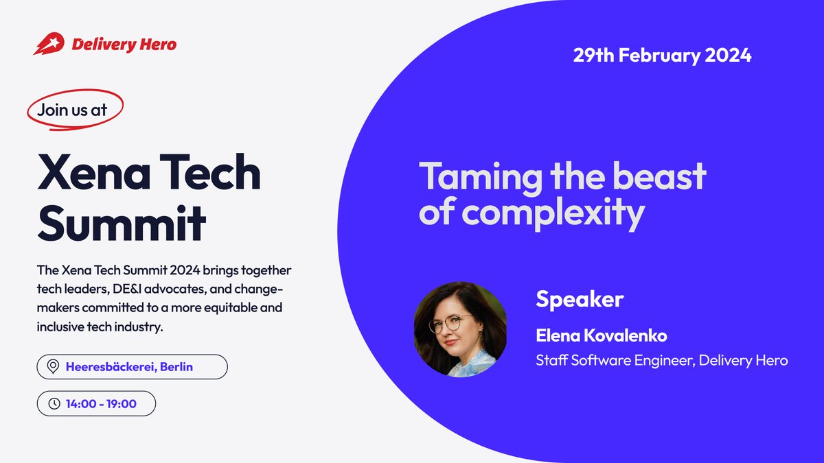 👩‍💻We're excited to share we will be part of @wearexena_ Tech Summit Berlin on Feb 29. 🎤Elena Kovalenko, Staff Software Engineer @deliveryherocom, will share her experience as a global tech lead while embracing the need to wear many hats. 🙌 Don't miss it! #deliveryhero #welead