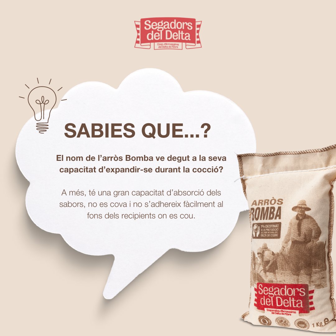 Sabies que...? 🤔

Avui us portem una curiositat de l'Arròs Bomba, conegut així per la seva gran capacitat d'expandir el seu sabor a cada gra durant la cocció. 💥

Qualitat per la qual és molt apreciat pels xefs per fer arrossos i paelles.

🌐segadorsdeldelta.com/producto/arros…