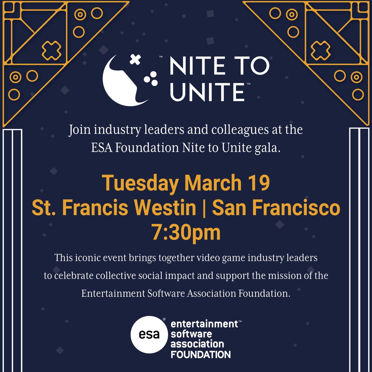 ESA Foundation (@esa_foundation) on Twitter photo ICYMI: #NiteToUnite is back on 3/19 at Westin St. Francis in SF! Join us in celebrating the collective social impact of the video game industry, honoring <a href="/NLBMuseumKC/">Negro Leagues Baseball Museum</a> & <a href="/Sony/">Sony</a> Interactive Entertainment's <a href="/MLBTheShow/">MLB The Show</a> partnership!
Purchase tickets👇
my.onecause.com/event/organiza… ICYMI: #NiteToUnite is back on 3/19 at Westin St. Francis in SF! Join us in celebrating the collective social impact of the video game industry, honoring <a href="/NLBMuseumKC/">Negro Leagues Baseball Museum</a> & <a href="/Sony/">Sony</a> Interactive Entertainment's <a href="/MLBTheShow/">MLB The Show</a> partnership!
Purchase tickets👇
my.onecause.com/event/organiza…