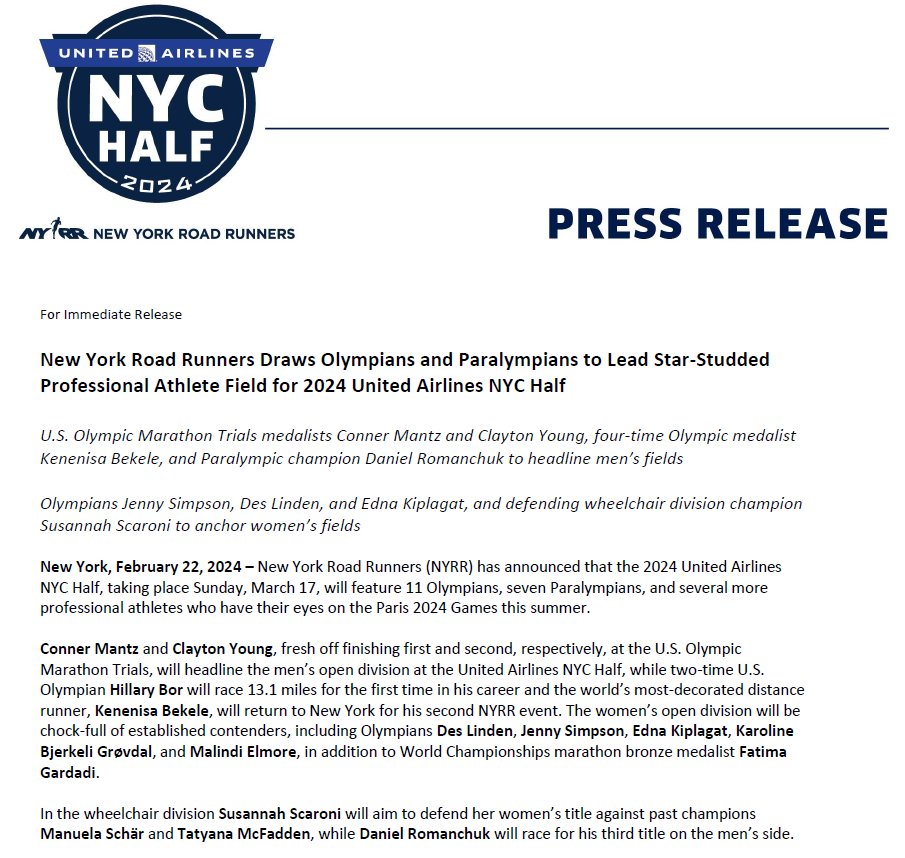 RELEASE: New York Road Runners Draws Olympians and Paralympians to Lead Star-Studded Professional Athlete Field for 2024 United Airlines NYC Half &gt;&gt; nyrr.org/media-center/p…