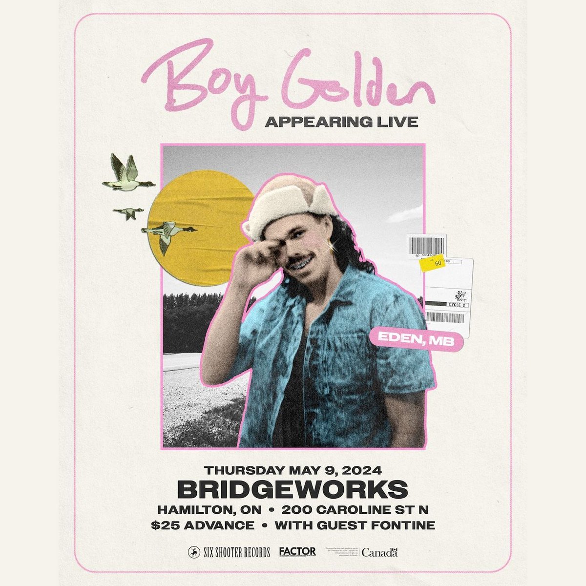 JUST ANNOUNCED: Introspective and vulnerable, traditional and queer, hard-headed and sensual, Boy Golden's everyman aesthetic appeals to us all. He is joined by Fontine at Bridgeworks on May 9th! Tickets will go on sale tomorrow at 10am via bridgeworks.ca!