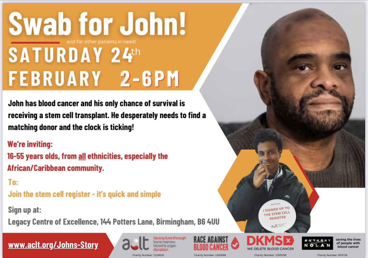 Race Against Blood Cancer (@rabcnow) on Twitter photo We are hosting a donor recruitment drive alongside <a href="/acltcharity/">ACLT Charity</a> to help find a match for Telford man, John.
If you are in Birmingham Saturday, why not pop in and see how you can join the stem cell register to help John and others in a similar position.
#BeJohnsHero We are hosting a donor recruitment drive alongside <a href="/acltcharity/">ACLT Charity</a> to help find a match for Telford man, John.
If you are in Birmingham Saturday, why not pop in and see how you can join the stem cell register to help John and others in a similar position.
#BeJohnsHero