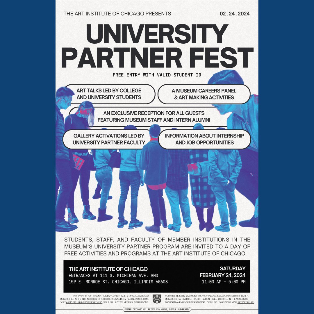 DePaul Students, Faculty and Staff: University Partner Fest at the Art Institute of Chicago is back! Join us for a day of student & faculty gallery talks, art-making, a museum careers panel, and more! Program details: las.depaul.edu/about/news-eve… #DePaulLAS