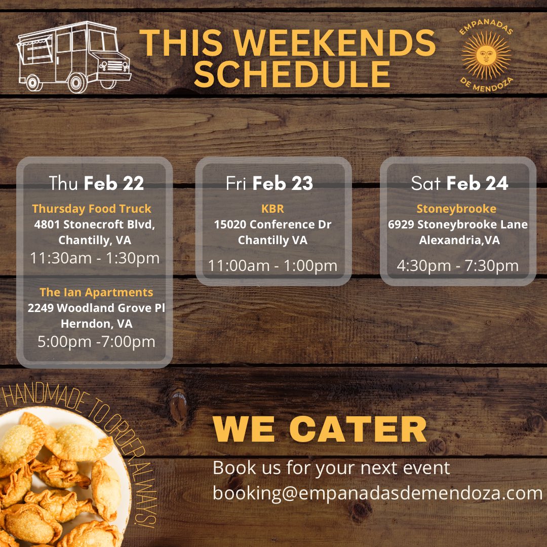 empanadasdemza's tweet image. This Week’s Locations
Order Online 
empanadasdemendoza.com

#dmvcollabs #dmvfoodies #dcfoodies #empanadas